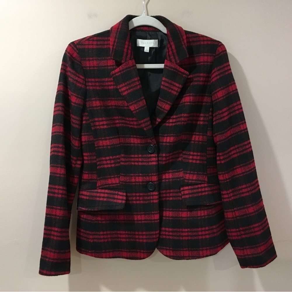 Talbots Tailored Blazer Suit Single Breasted Jacket Plaid Red Black Size 6 New